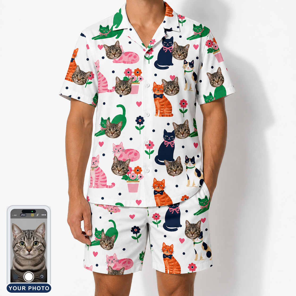 Men's Furball Follies Custom Cat Face Shirt & Shorts Set