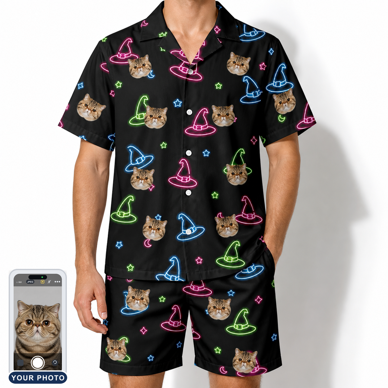 Men's Moonlit Millinery Custom Cat Face Shirt & Shorts Set