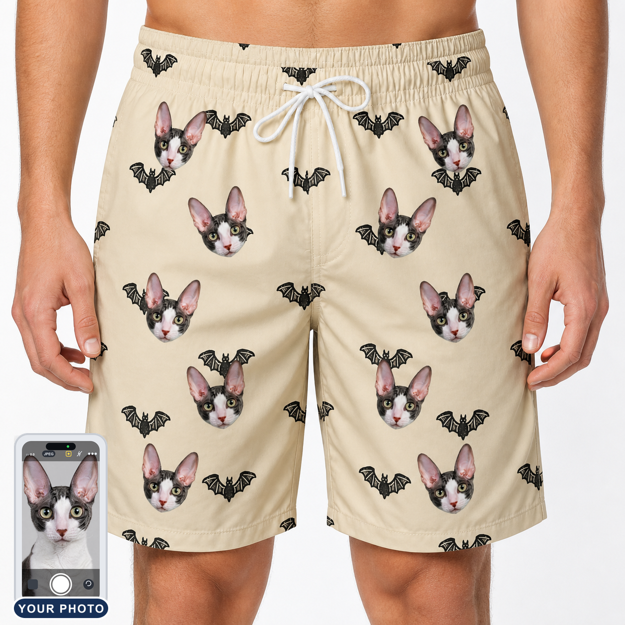 Men's Winged Whispers Custom Cat Face Beach Shorts