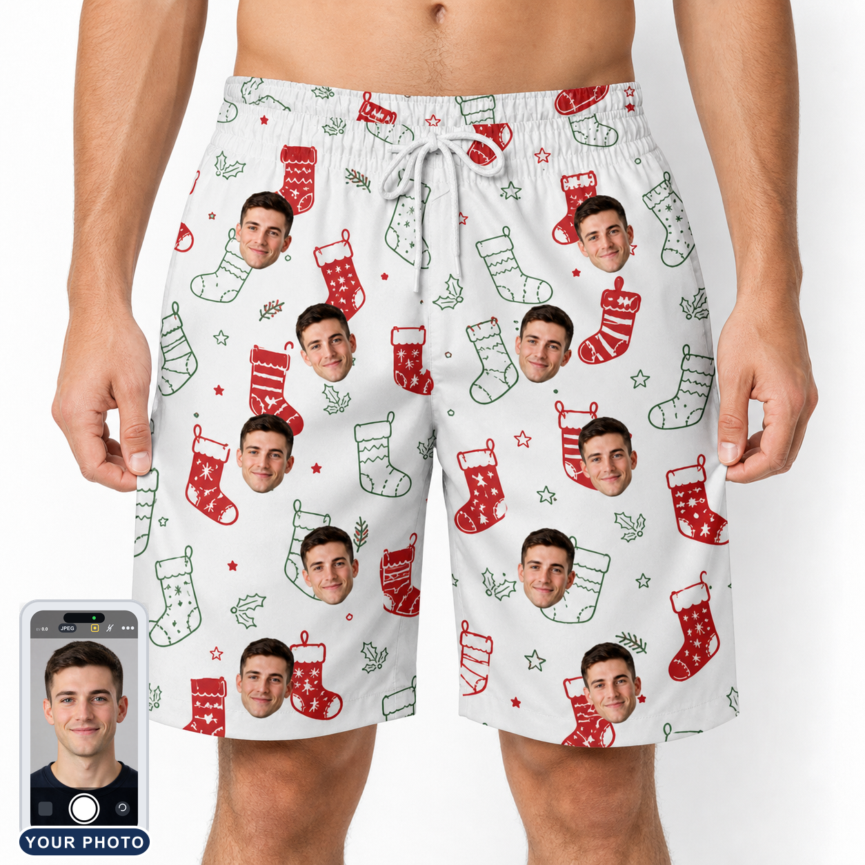 Men's Yule Pouches Custom Face Beach Shorts