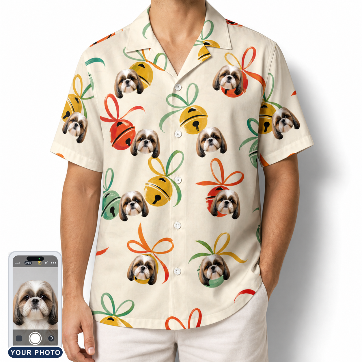 Men's Sleigh Bells Custom Dog Face Hawaiian Shirt