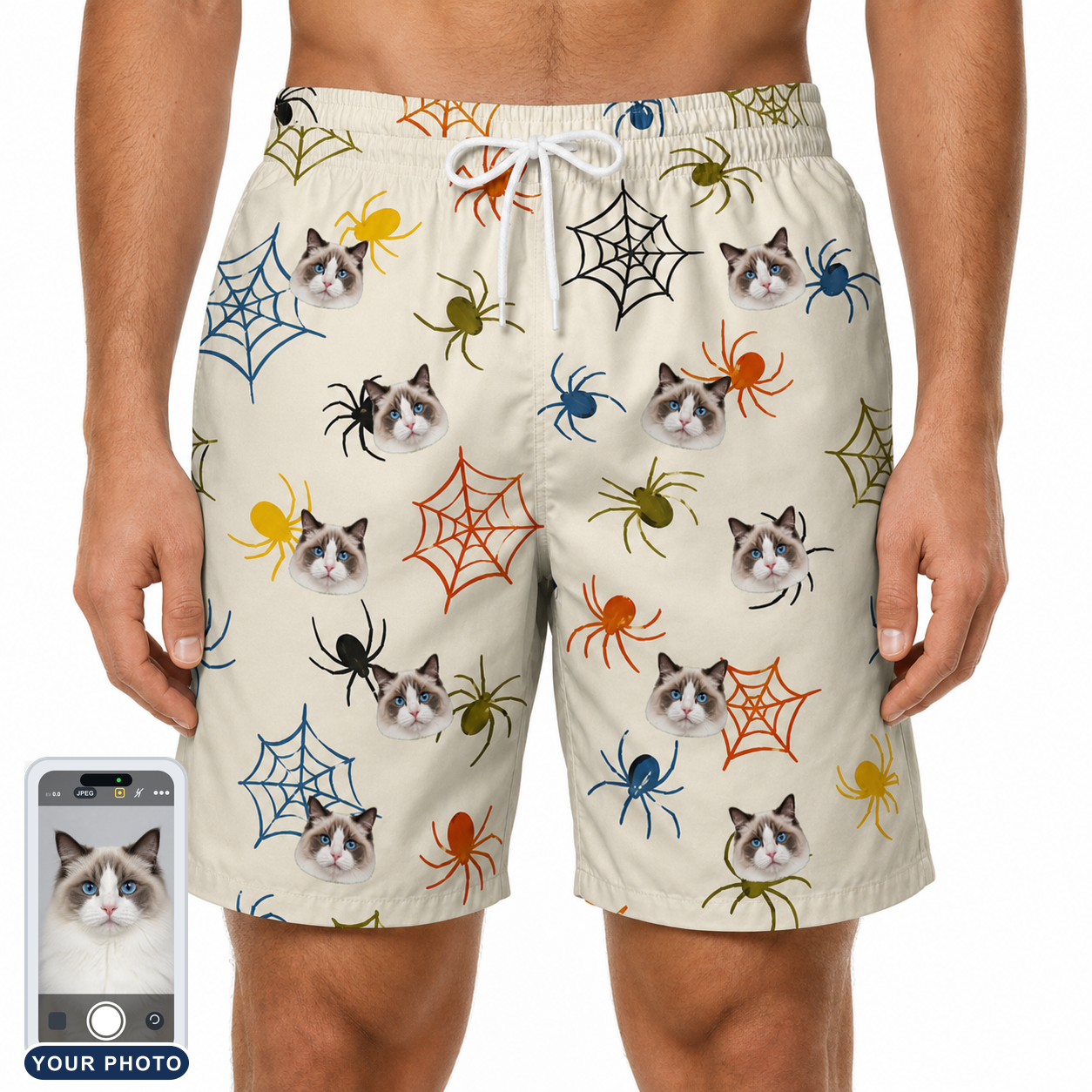 Men's Creepy Crawlers Custom Cat Face Beach Shorts