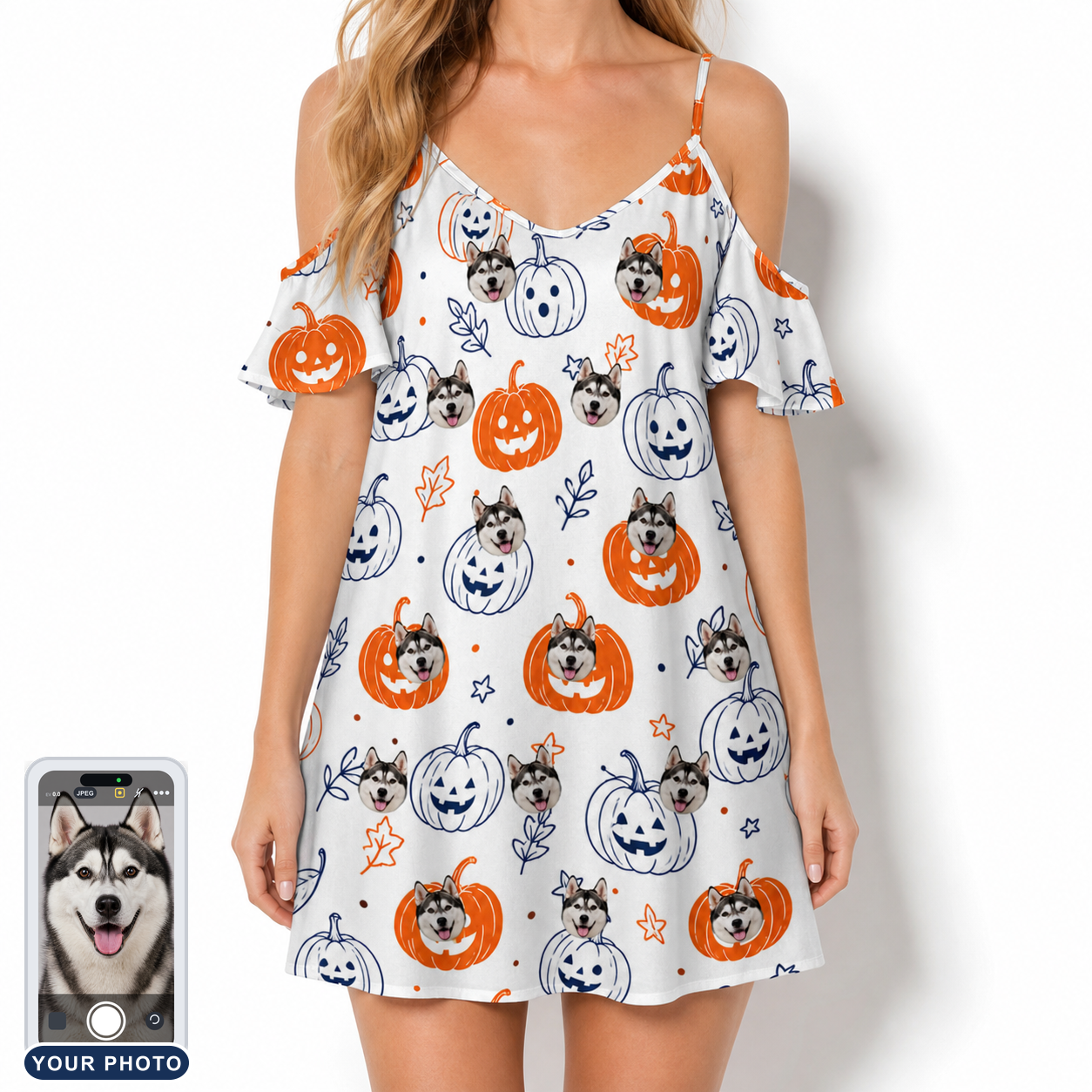 Women's Jack O'Jitters Custom Dog Face Off-Shoulder Dress