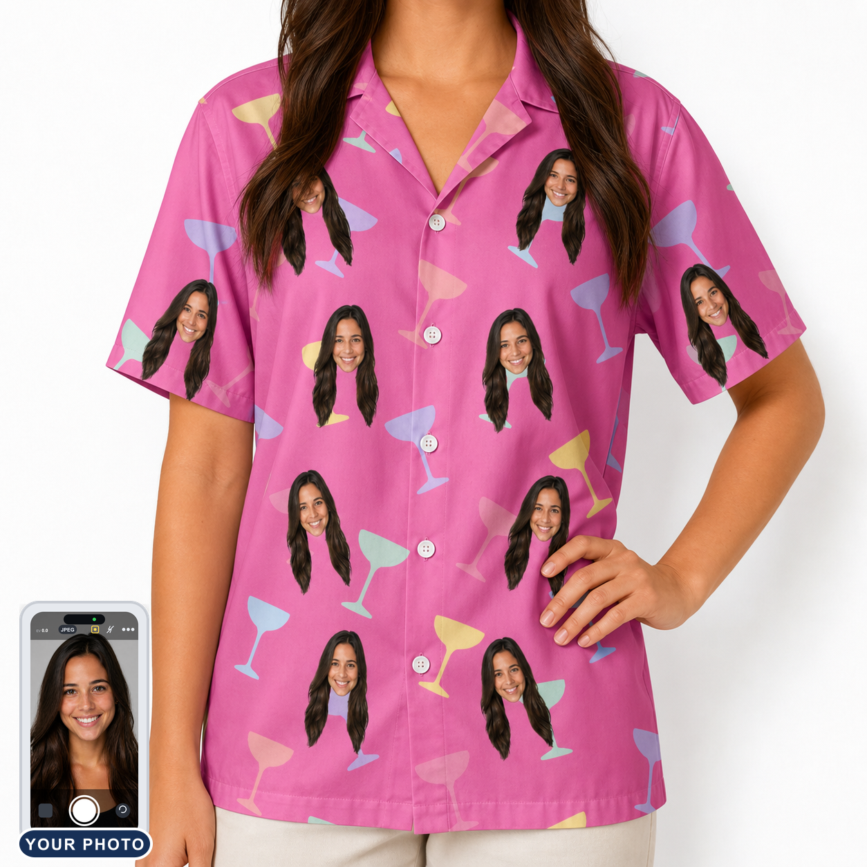 Women's Prosecco Pizzazz Custom Face Hawaiian Shirt