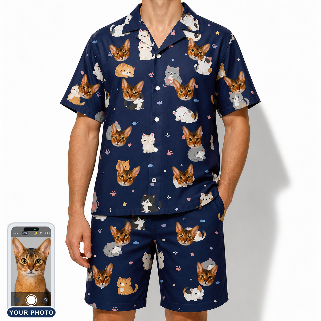 Men's Mewsed Charm Custom Cat Face Shirt & Shorts Set