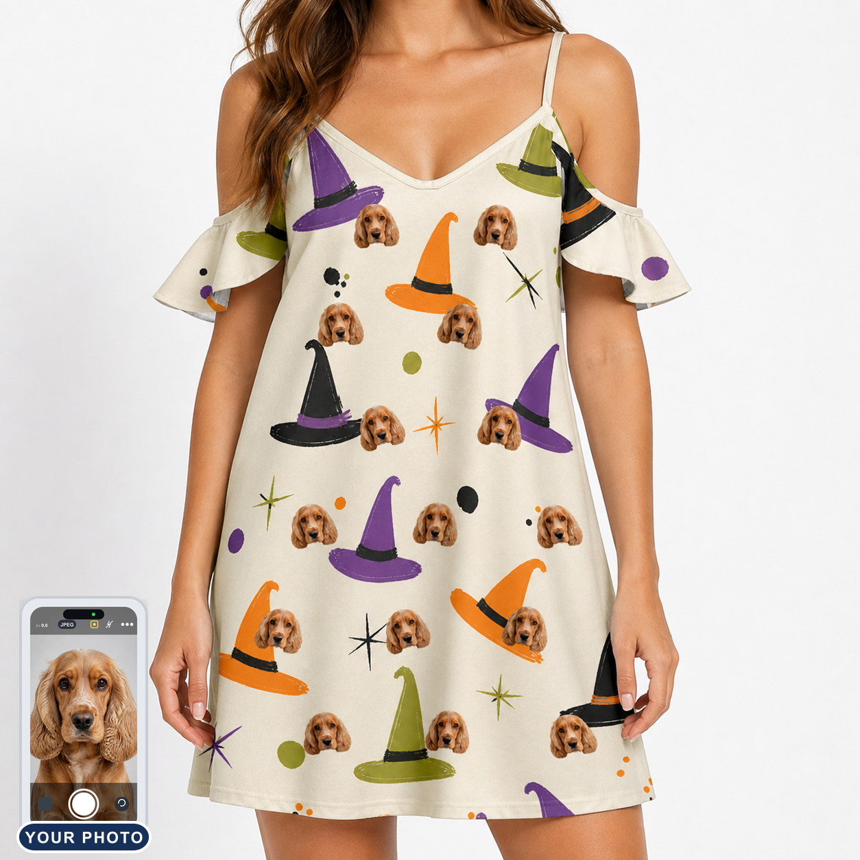 Women's Hexed Headwear Custom Dog Face Off-Shoulder Dress