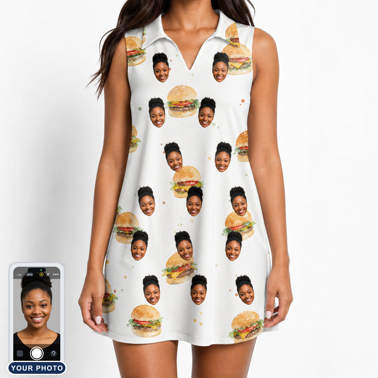 Women's Burger Banquet Custom Face V-Neck Dress
