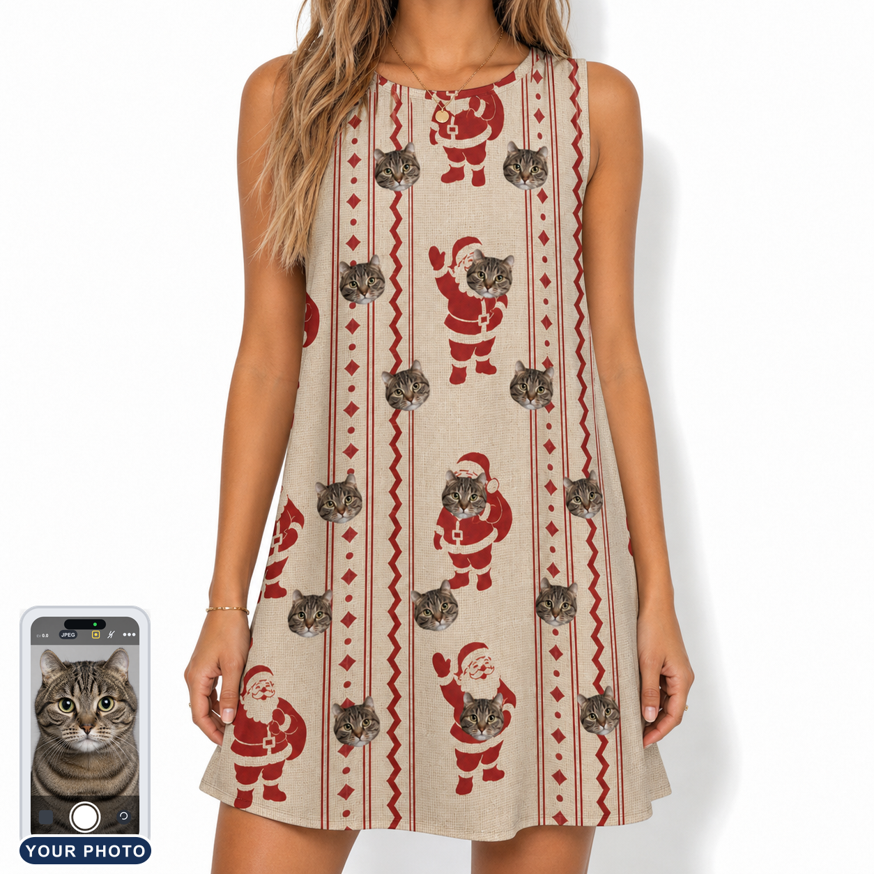 Women's Jolly Jingle Custom Cat Face Tank Dress