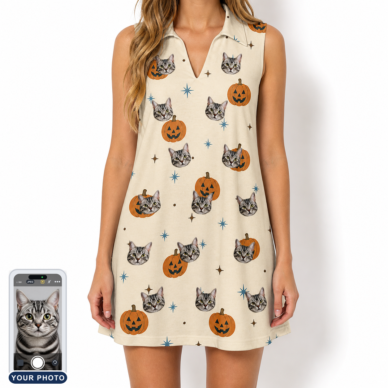 Women's Lantern Laughs Custom Cat Face V-Neck Dress
