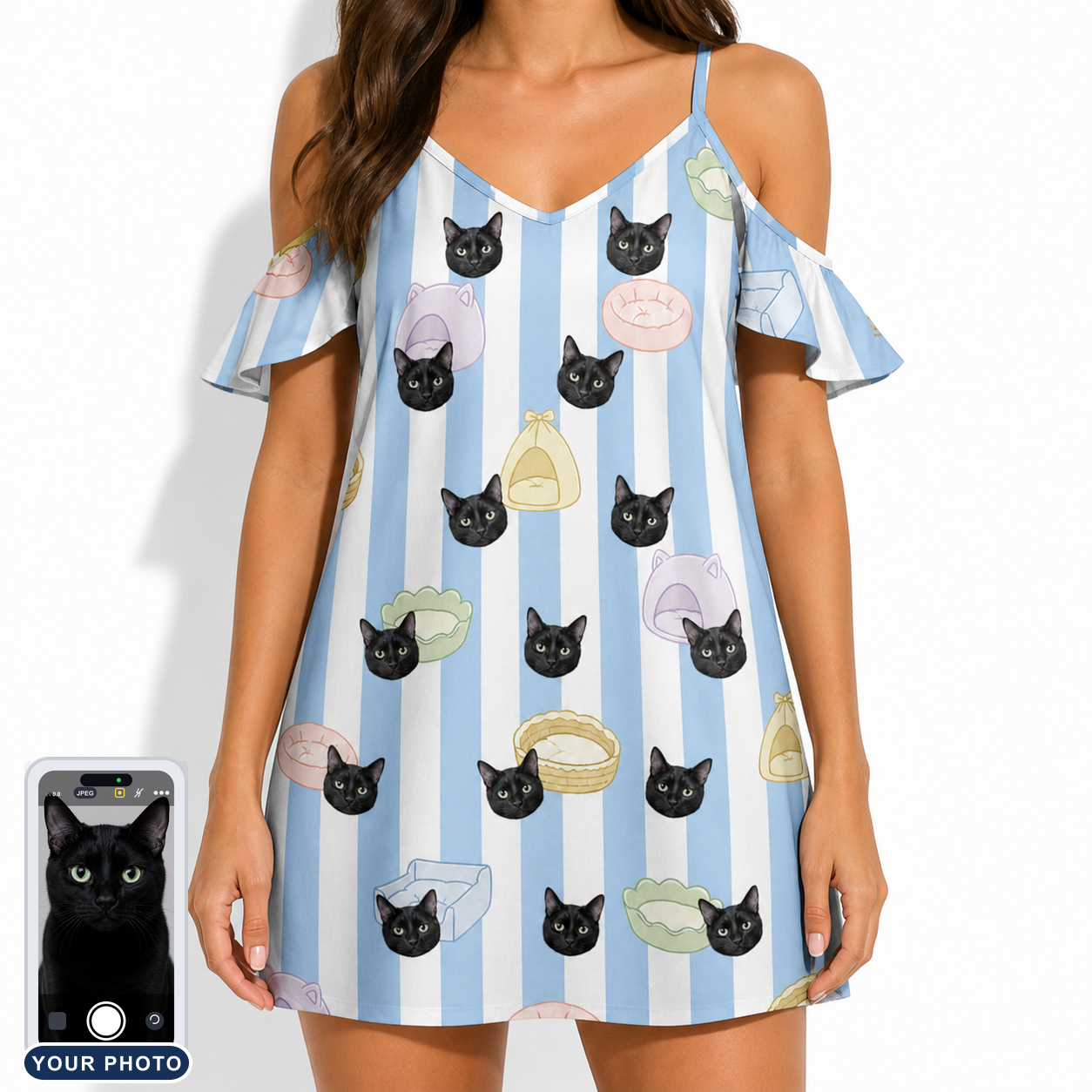 Women's Naptime Nooks Custom Cat Face Off-Shoulder Dress