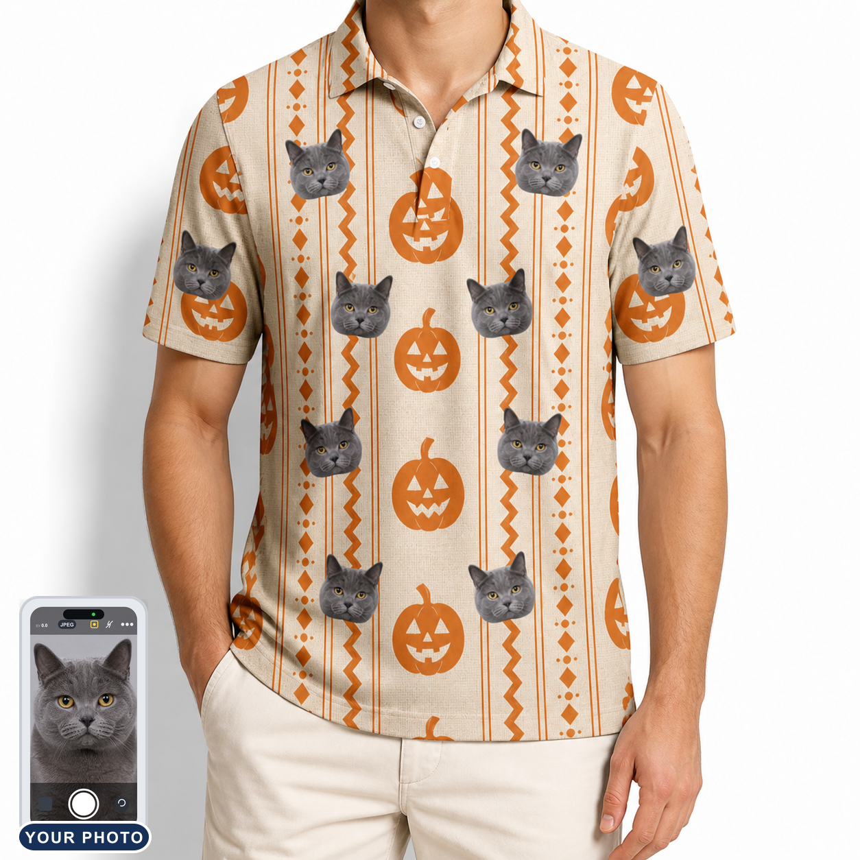 Men's Spooky Squash Custom Cat Face Polo Shirt