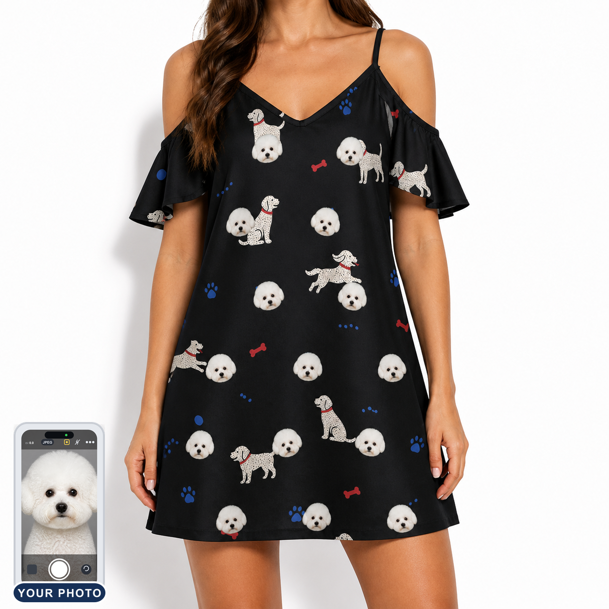 Women's Doggo Dandies Custom Dog Face Off-Shoulder Dress