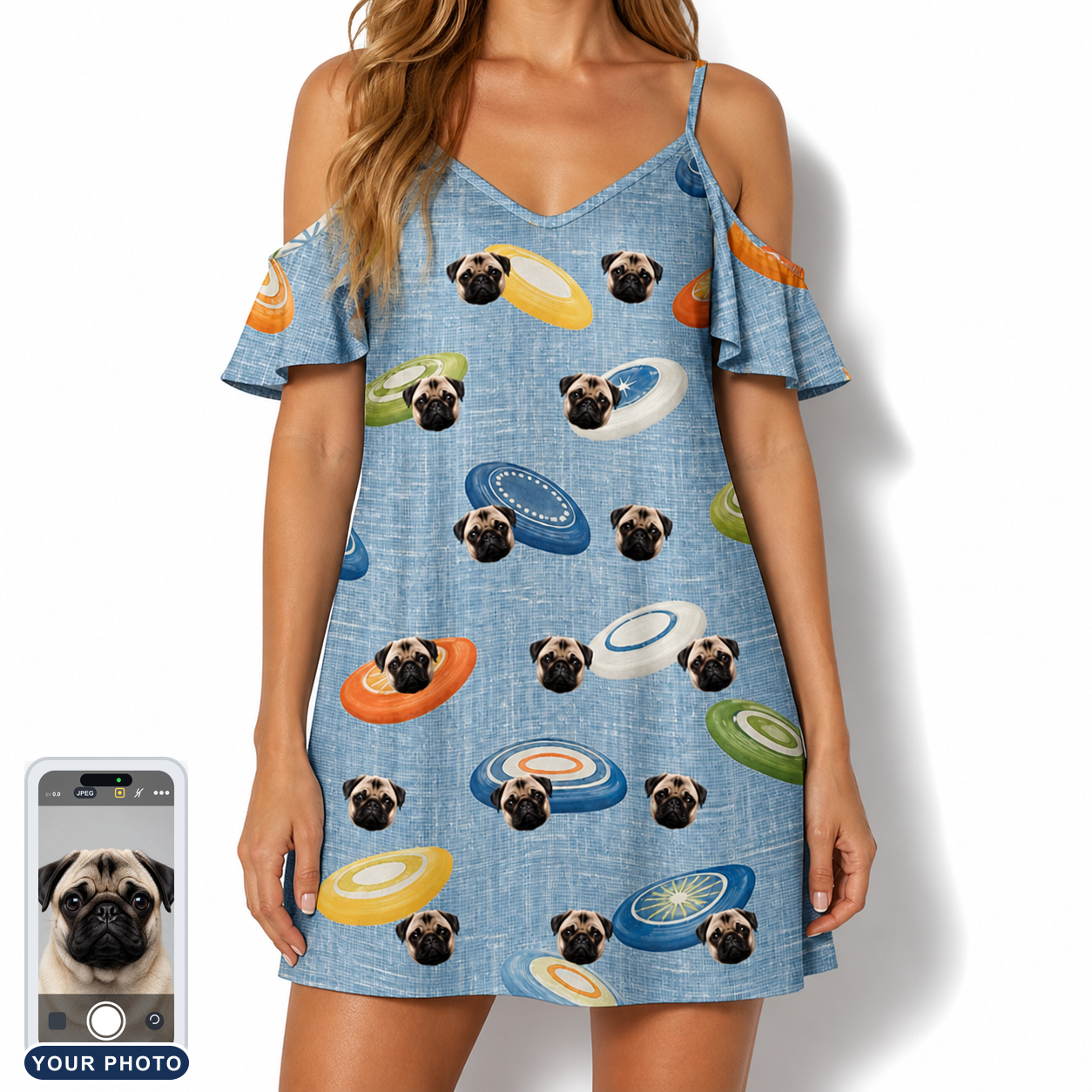 Women's Aero Barkers Custom Dog Face Off-Shoulder Dress