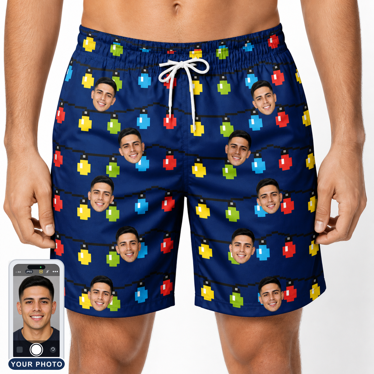 Men's Stringlight Soirée Custom Face Beach Shorts