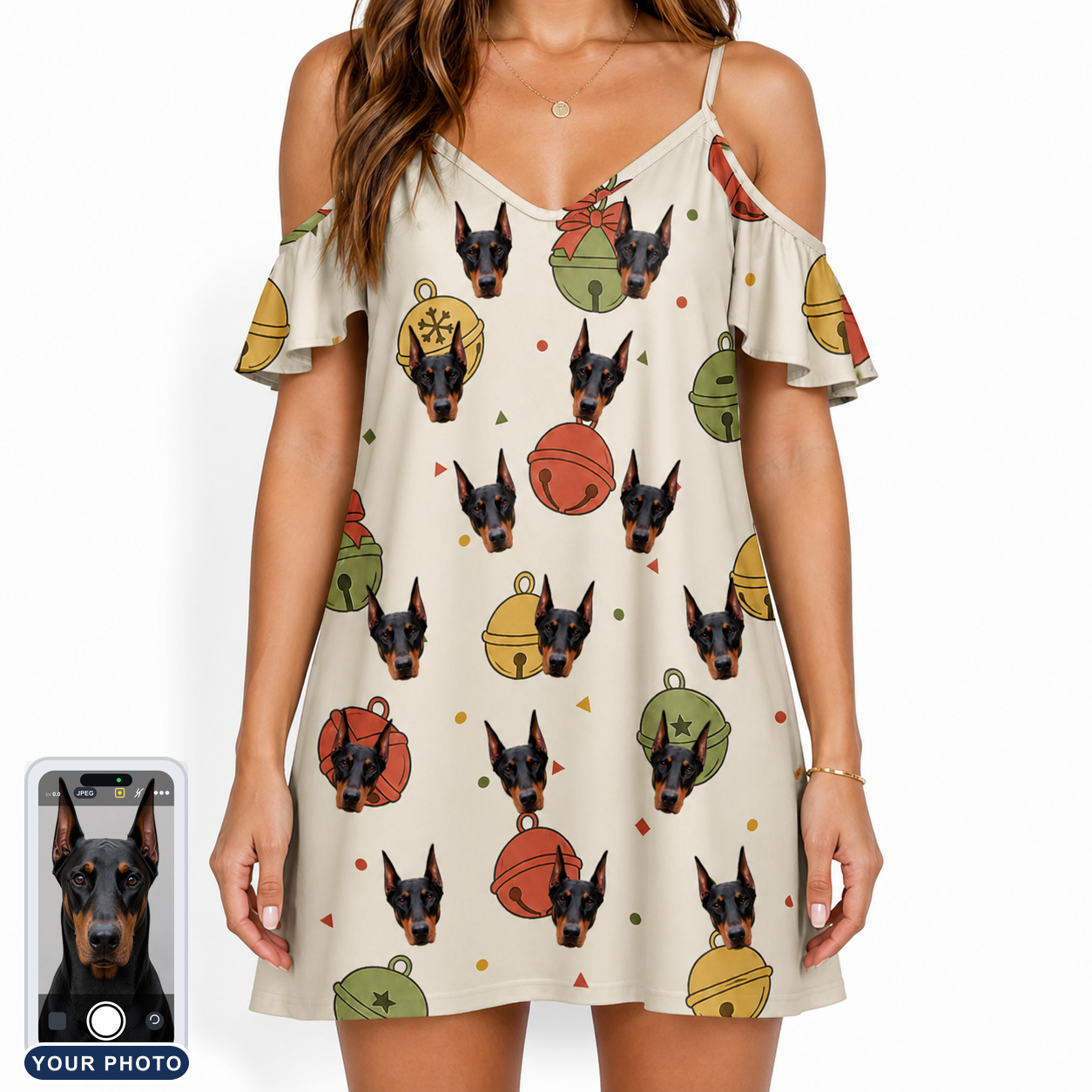 Women's Chime Charms Custom Dog Face Off-Shoulder Dress