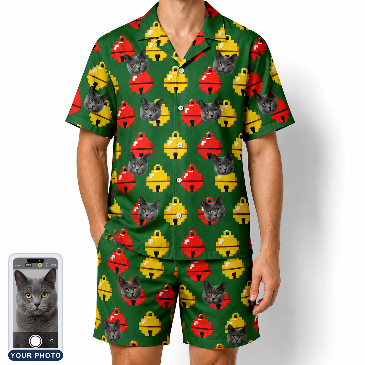 Men's Ringing Revelry Custom Cat Face Shirt & Shorts Set