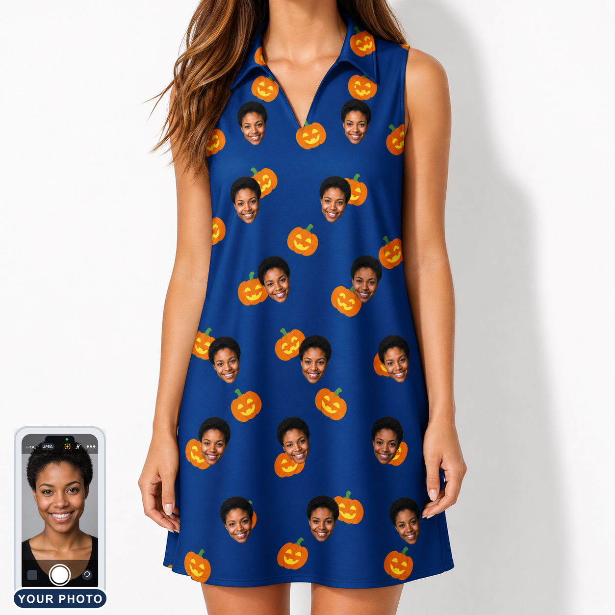 Women's Orange Oddities Custom Face V-Neck Dress