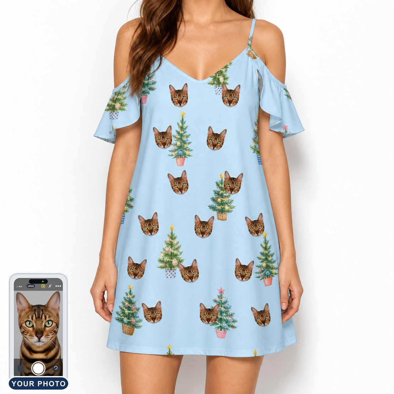 Women's Spruce Spectacle Custom Cat Face Off-Shoulder Dress
