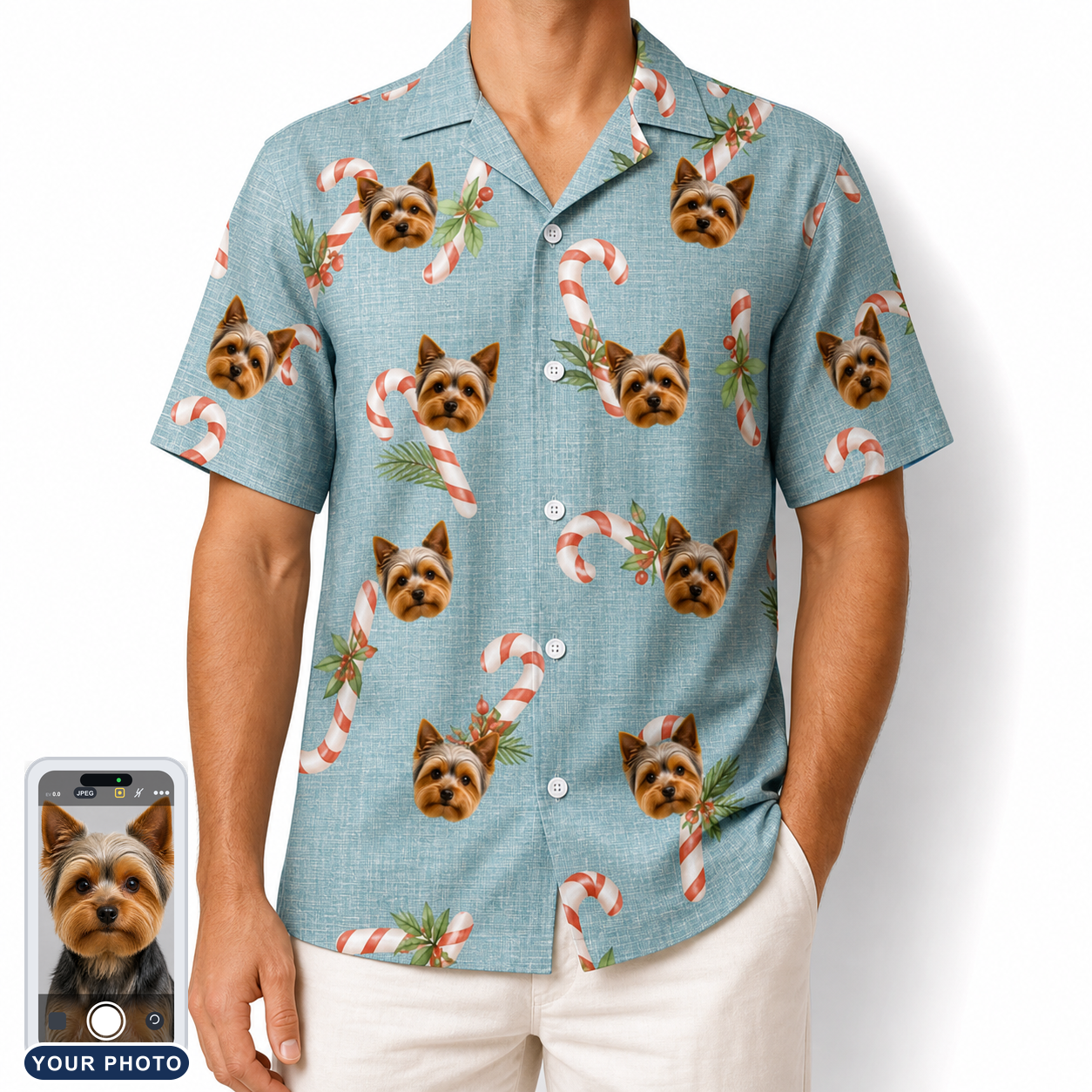 Men's Cane Carousel Custom Dog Face Hawaiian Shirt