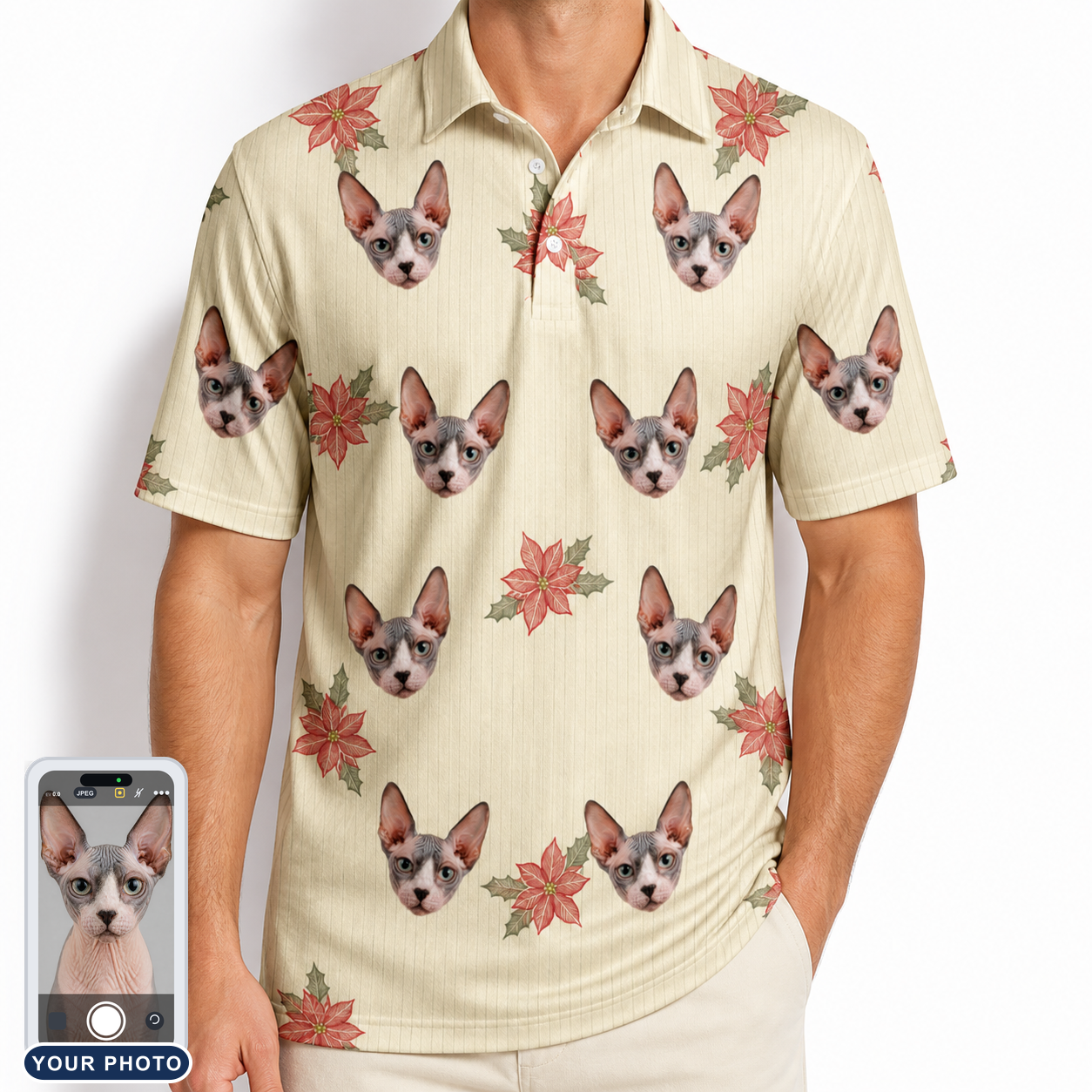 Men's Poinsettia Pop Custom Cat Face Polo Shirt