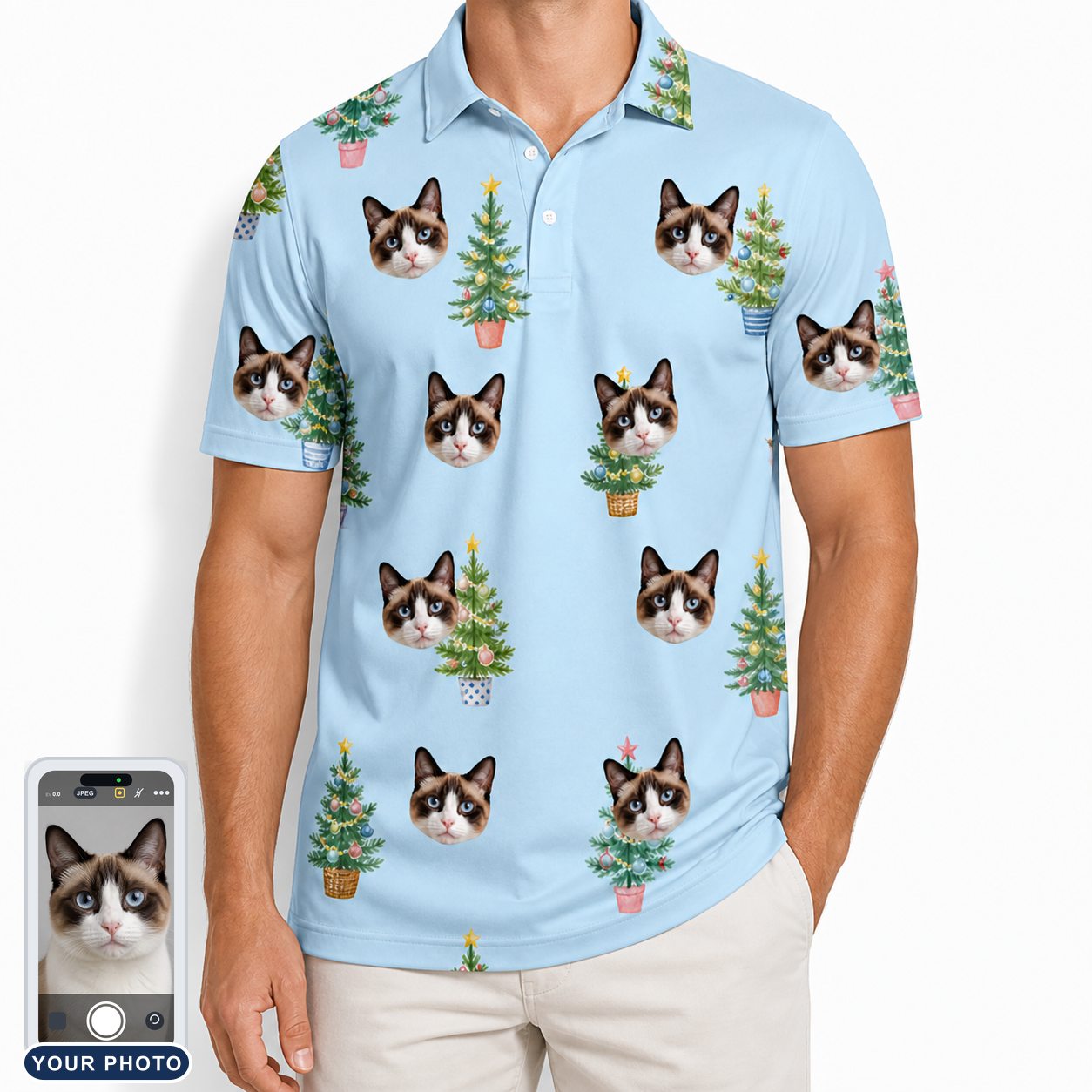 Men's Spruce Spectacle Custom Cat Face Polo Shirt