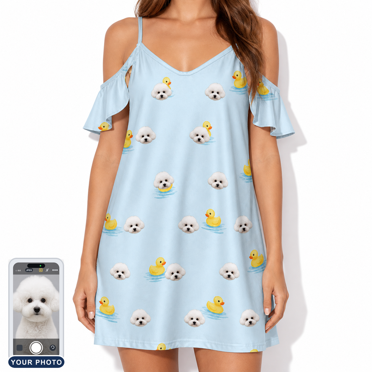 Women's Rubber Rover Custom Dog Face Off-Shoulder Dress