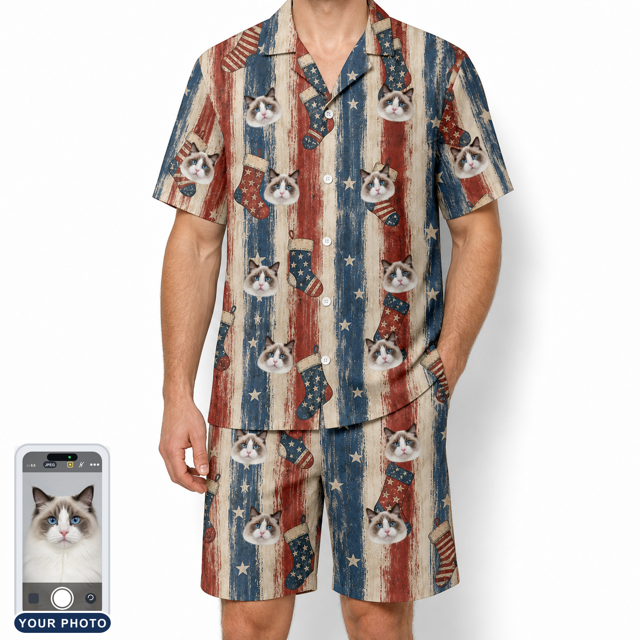 Men's Christmas Cuffs Custom Cat Face Shirt & Shorts Set