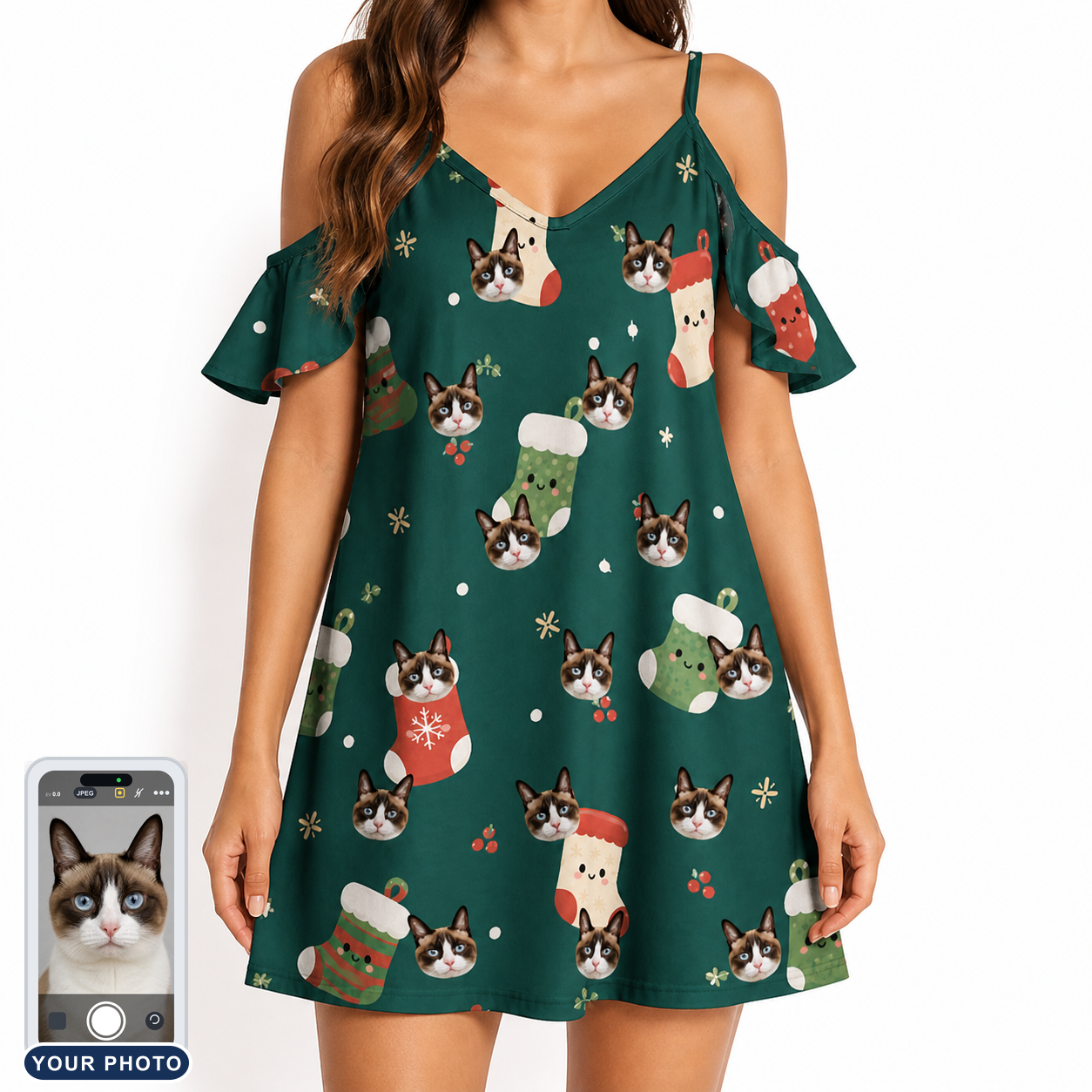 Women's Chimney Cheer Custom Cat Face Off-Shoulder Dress