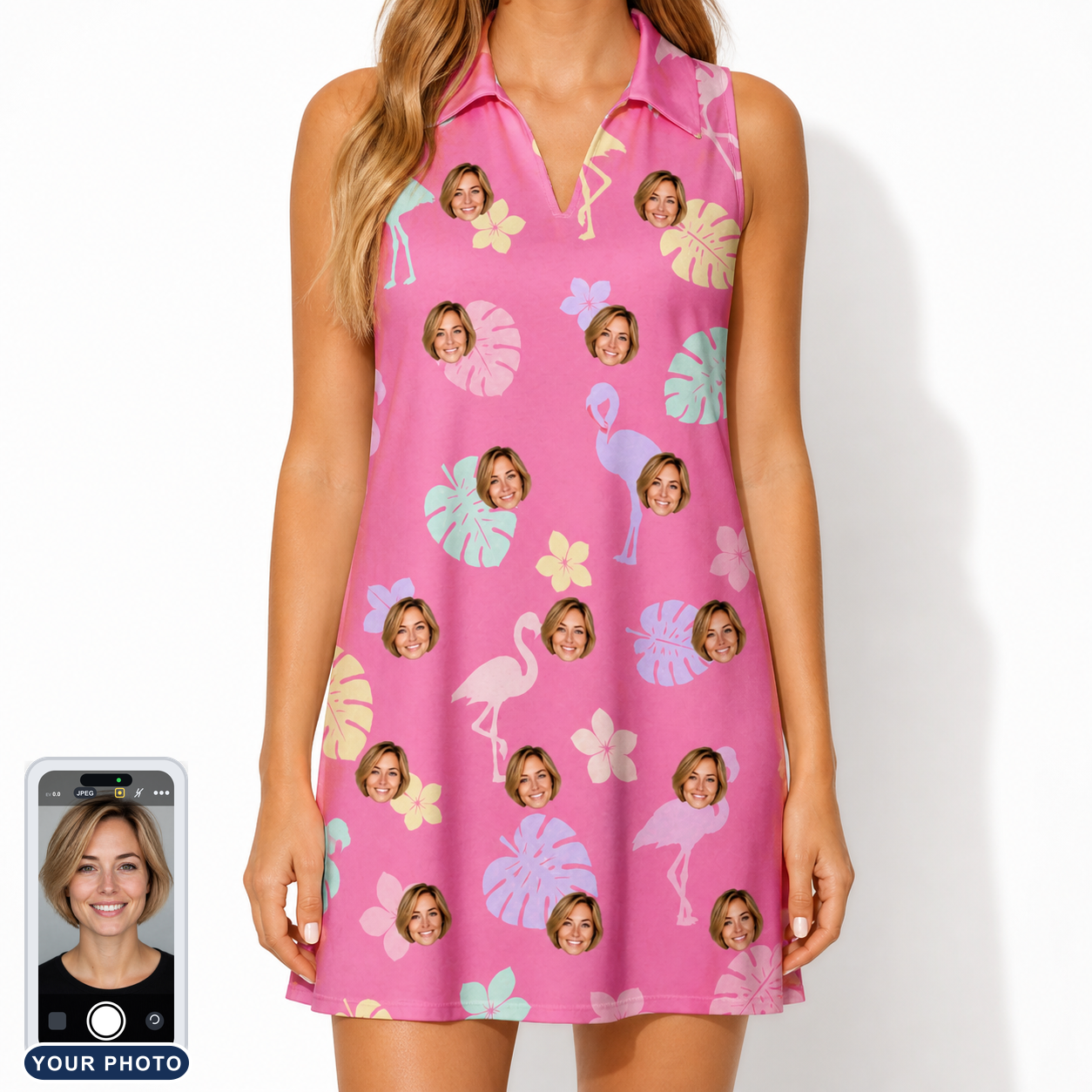 Women's Fuchsia Flock Custom Face V-Neck Dress