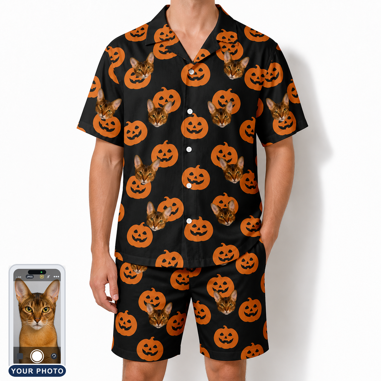 Men's Frightlight Fancies Custom Cat Face Shirt & Shorts Set