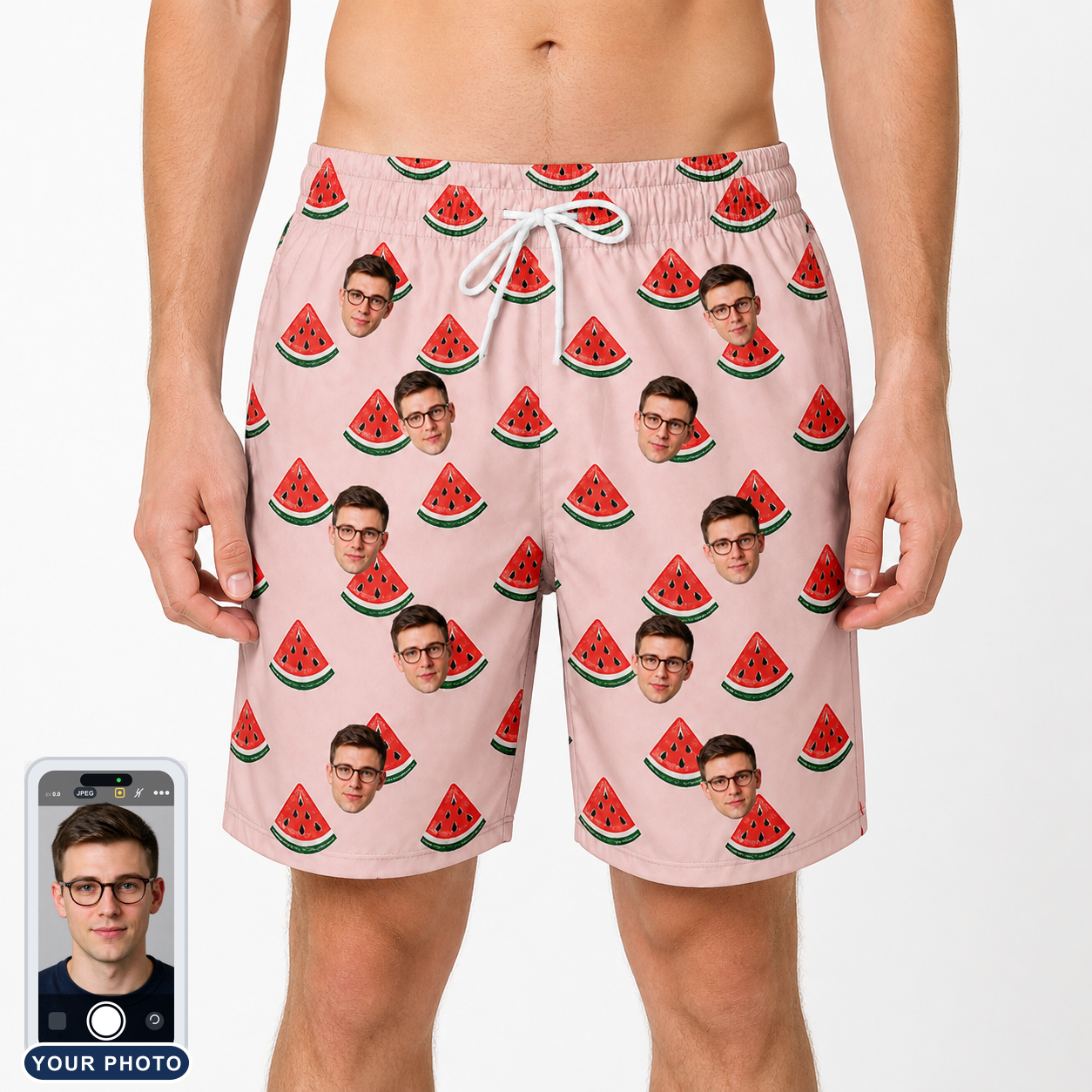 Men's Watermelon Whimsy Custom Face Beach Shorts