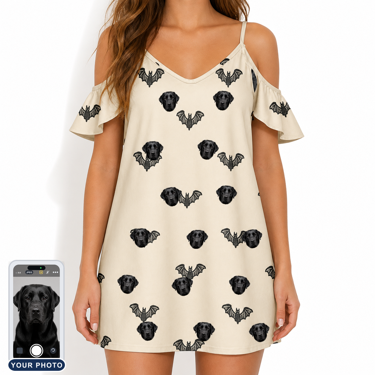 Women's Winged Whispers Custom Dog Face Off-Shoulder Dress