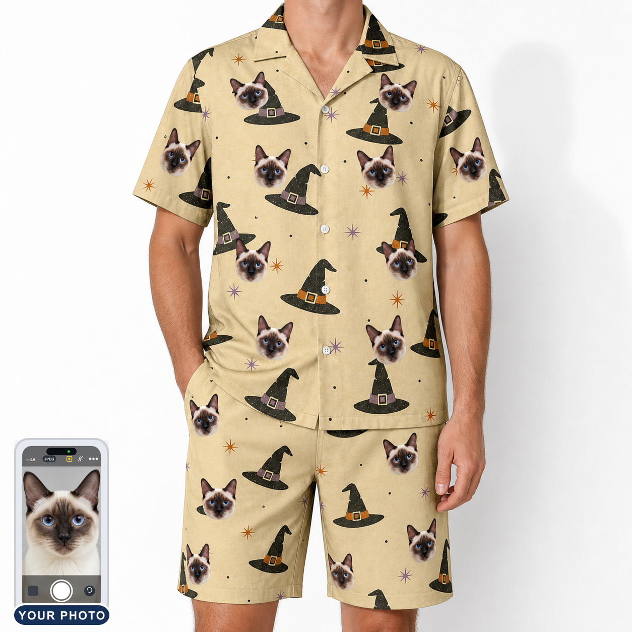 Men's Spellbound Spires Custom Cat Face Shirt & Shorts Set