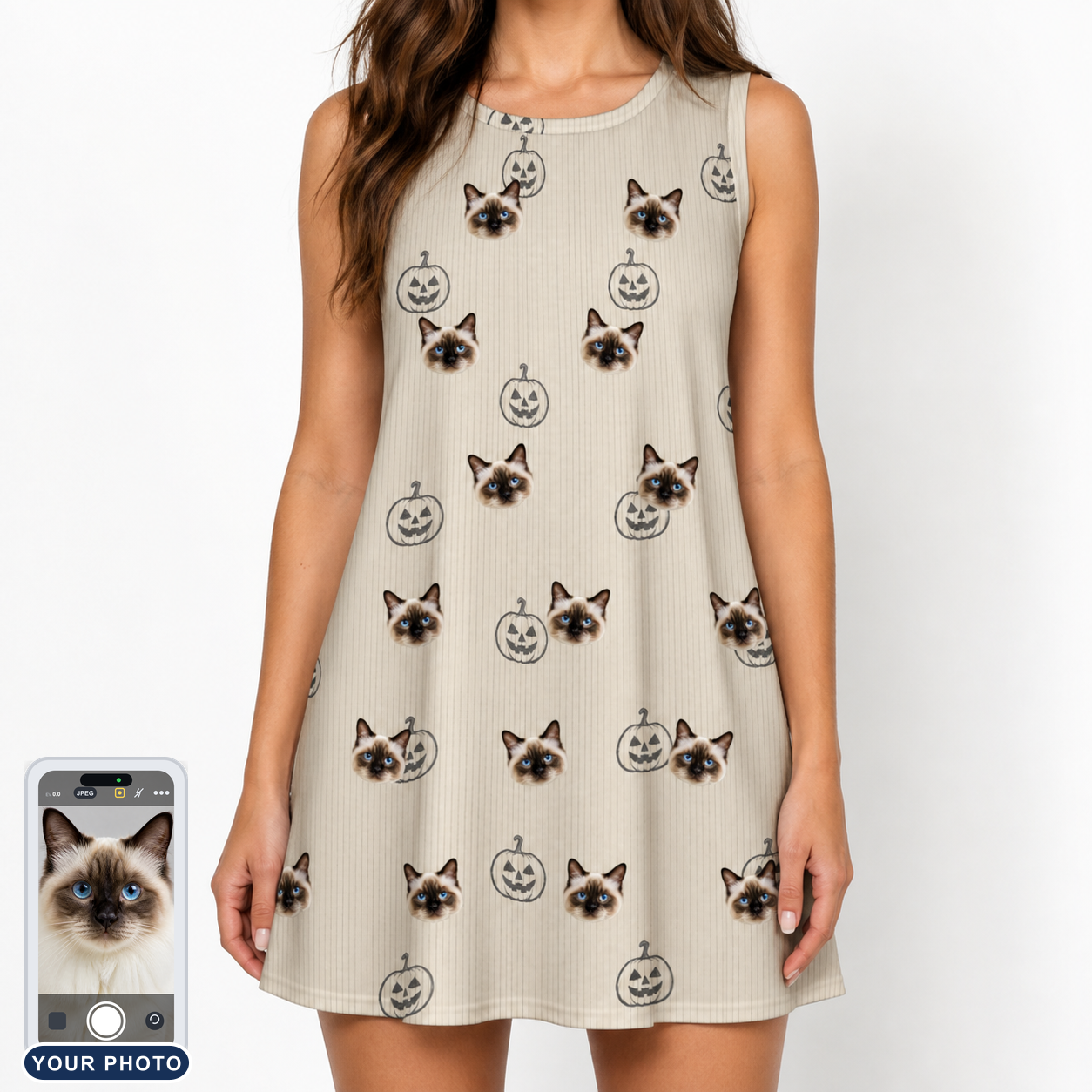 Women's Cucurbit Chuckles Custom Cat Face Tank Dress