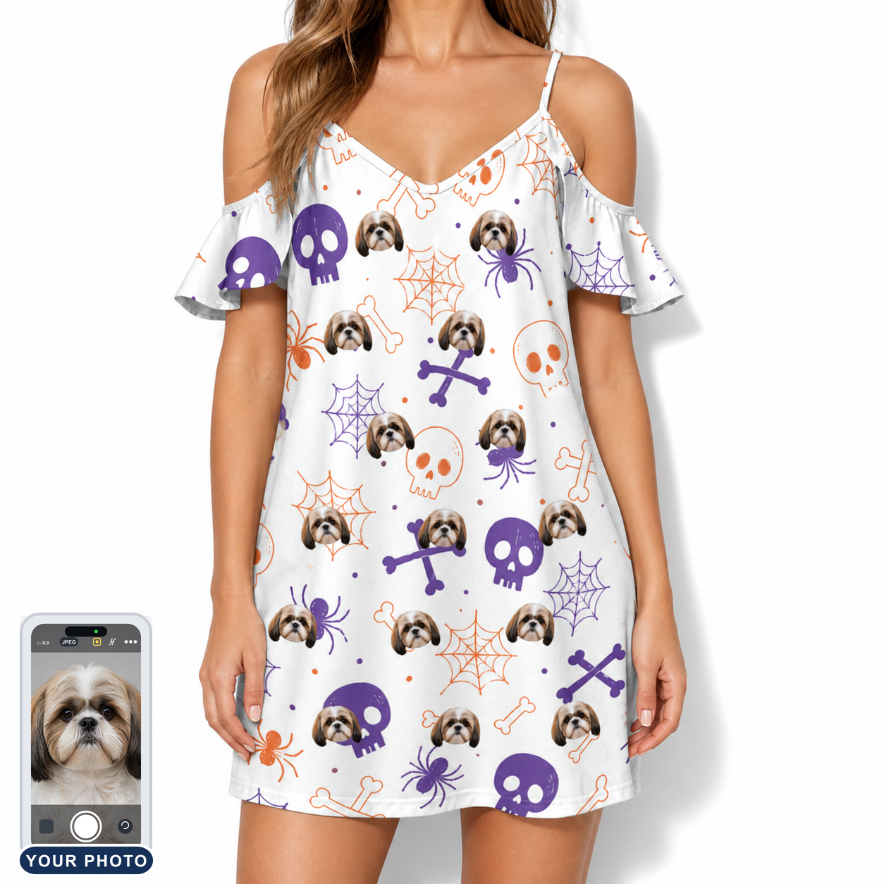 Women's Skull Shuffle Custom Dog Face Off-Shoulder Dress