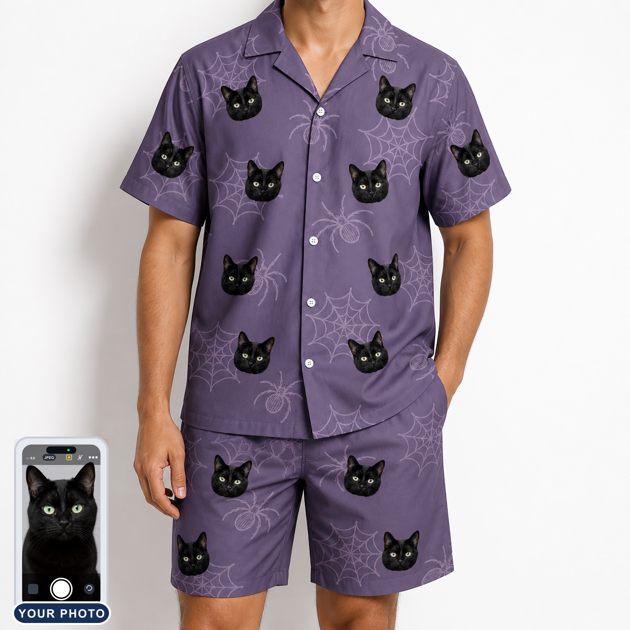 Men's Spider Social Custom Cat Face Shirt & Shorts Set