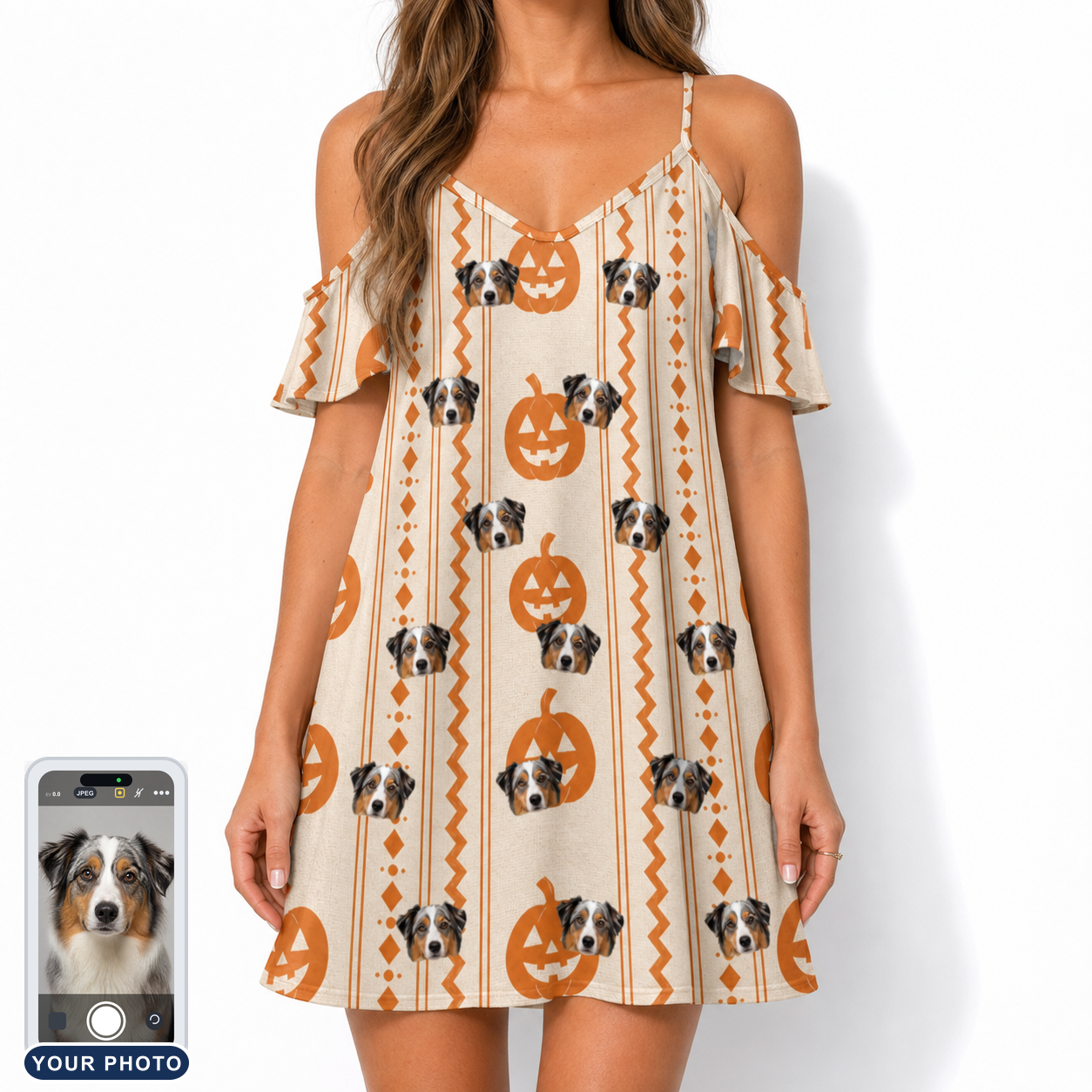 Women's Spooky Squash Custom Dog Face Off-Shoulder Dress