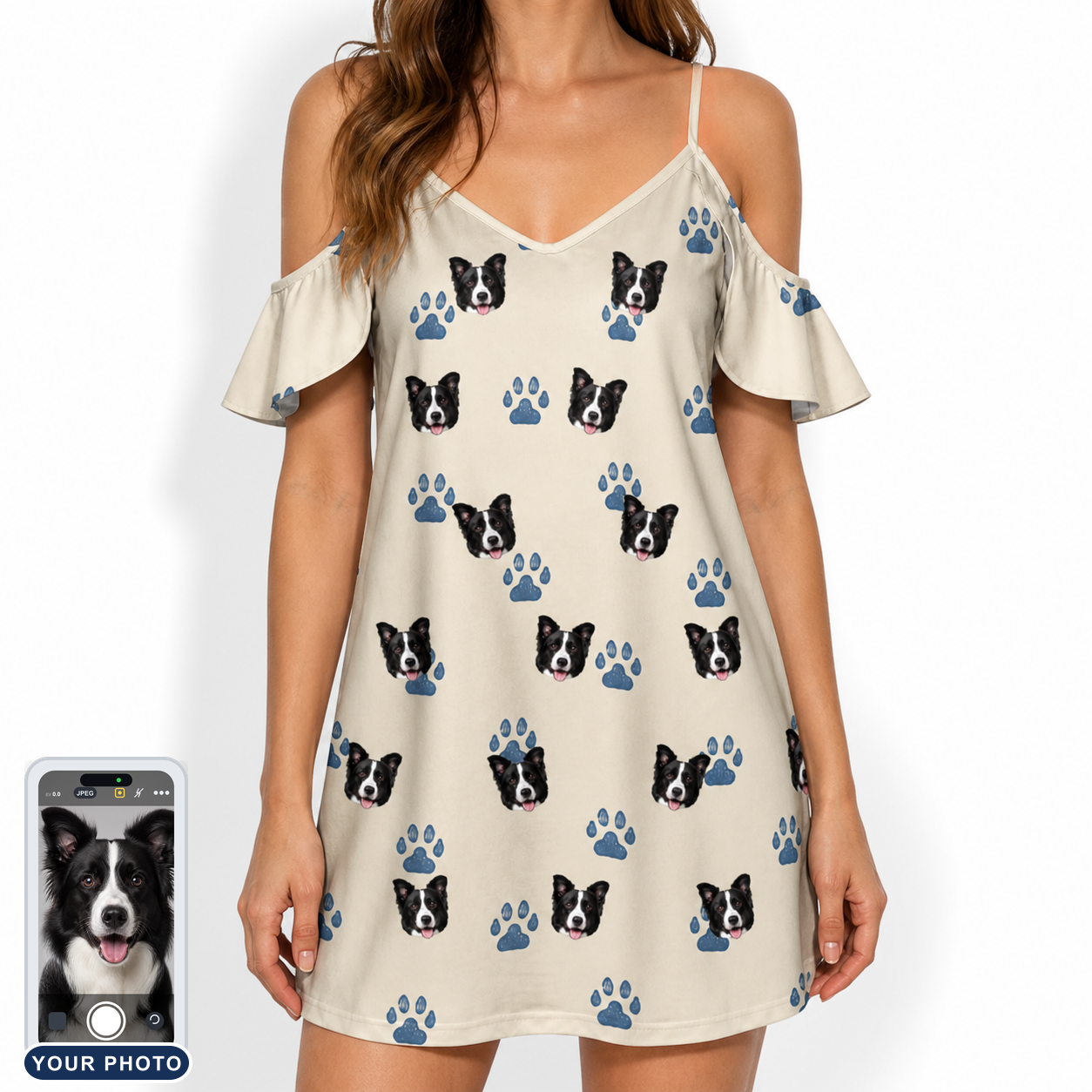 Women's Puppy Prints Custom Dog Face Off-Shoulder Dress