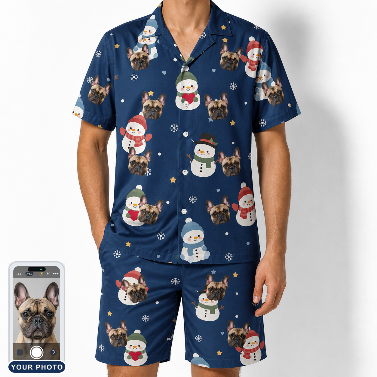 Men's Snowman Shenanigans Custom Dog Face Shirt & Shorts Set