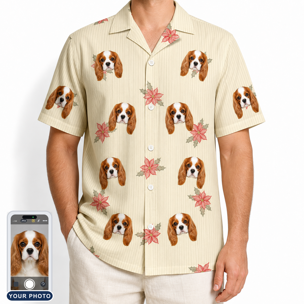 Men's Poinsettia Pop Custom Dog Face Hawaiian Shirt