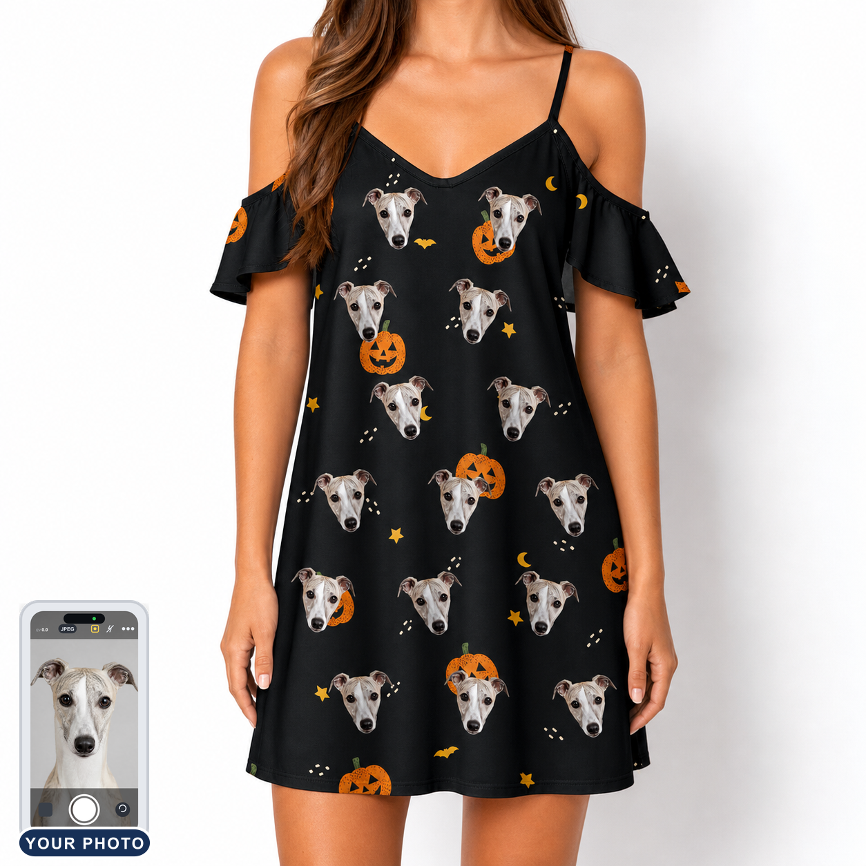 Women's Cackle Carvings Custom Dog Face Off-Shoulder Dress