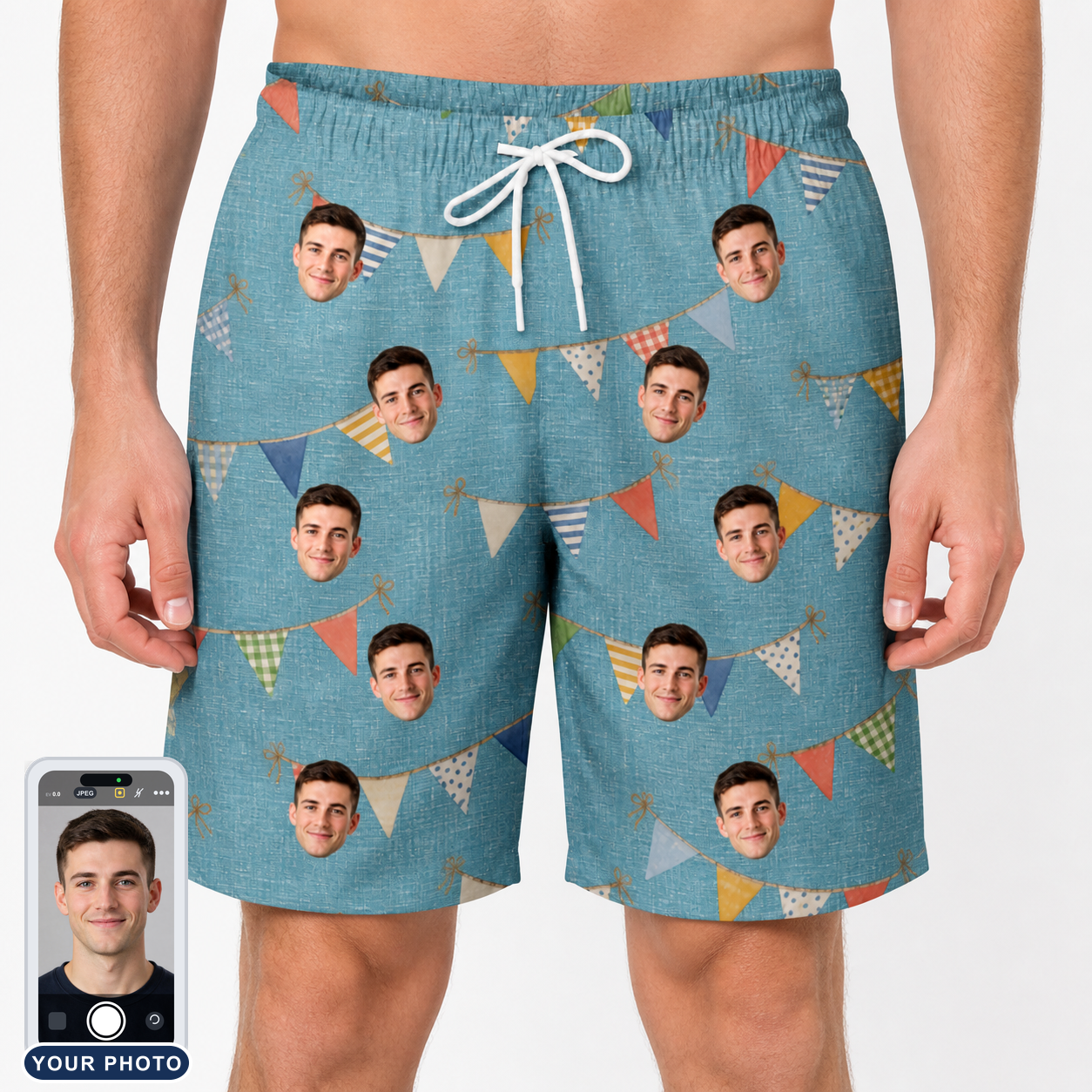 Men's Birthday Bunting Custom Face Beach Shorts