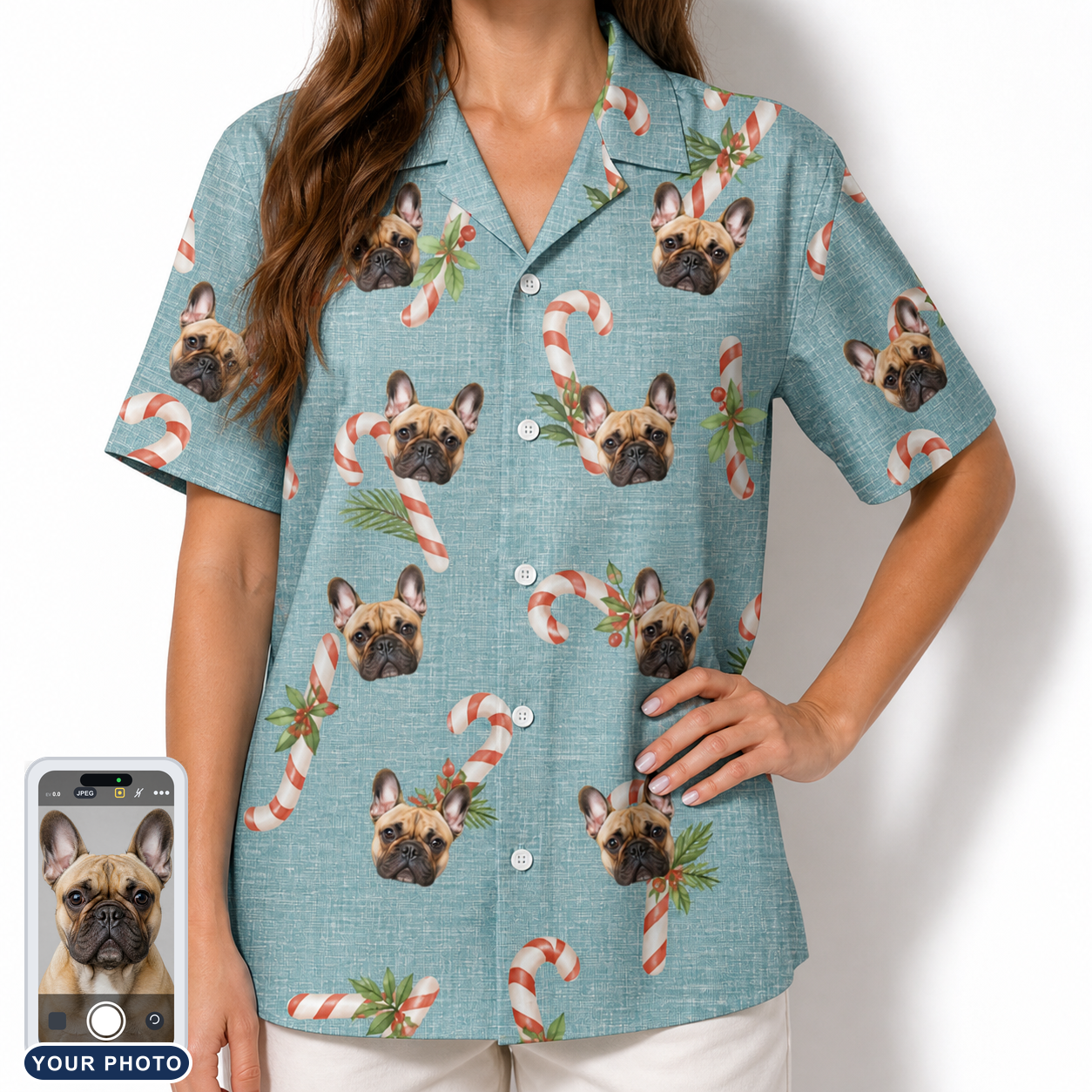 Women's Cane Carousel Custom Dog Face Hawaiian Shirt