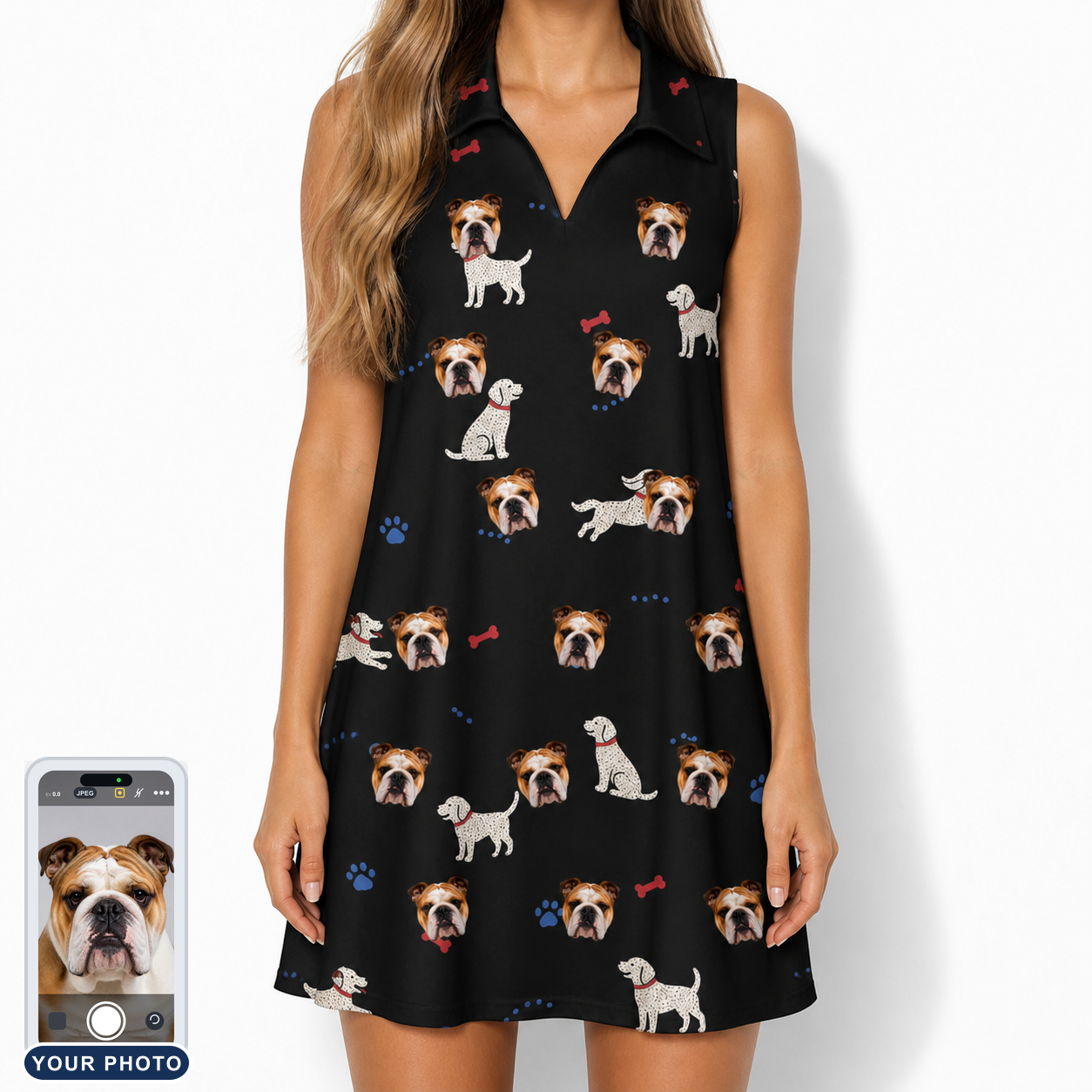 Women's Doggo Dandies Custom Dog Face V-Neck Dress