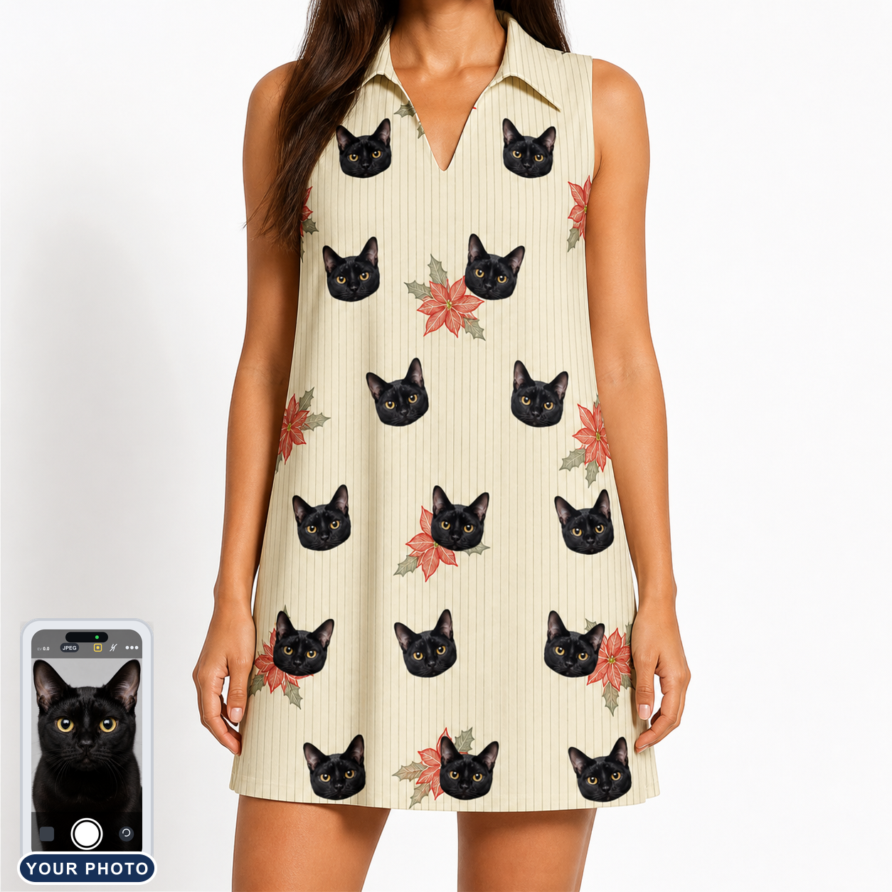 Women's Poinsettia Pop Custom Cat Face V-Neck Dress