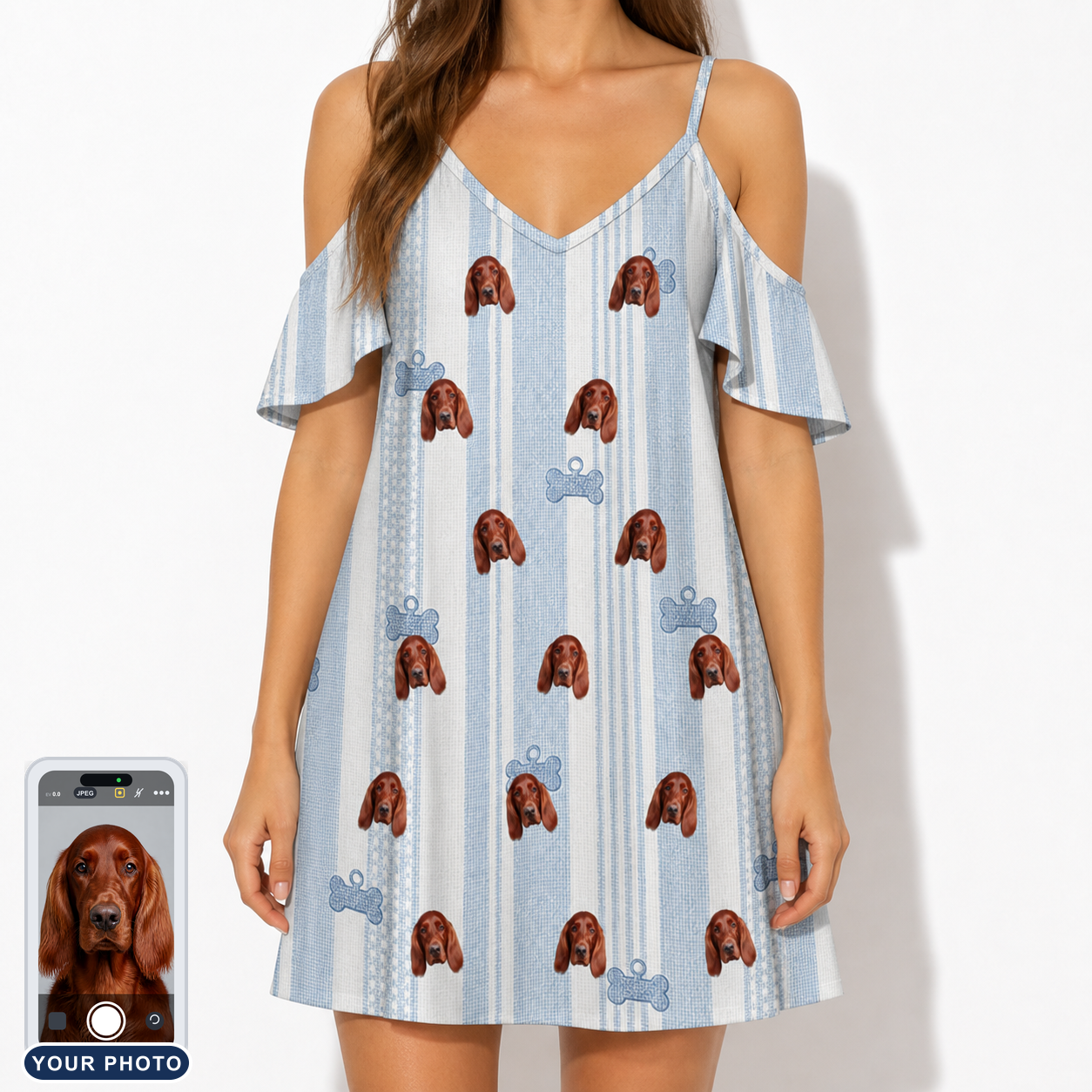 Women's Pup Pendants Custom Dog Face Off-Shoulder Dress