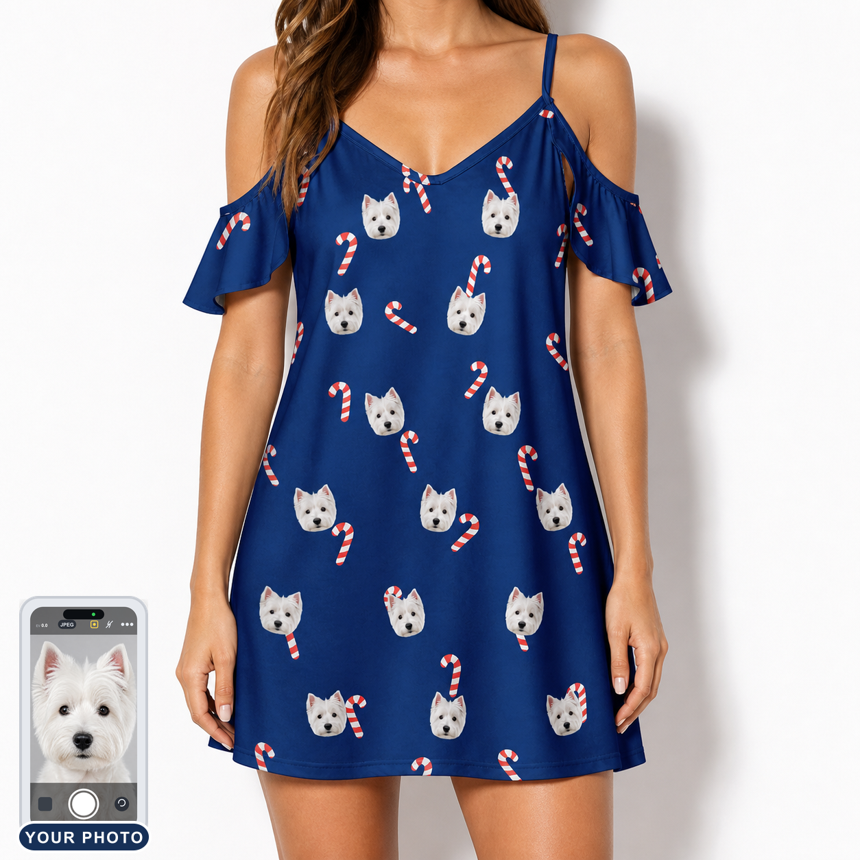 Women's Peppermint Pizzazz Custom Dog Face Off-Shoulder Dress