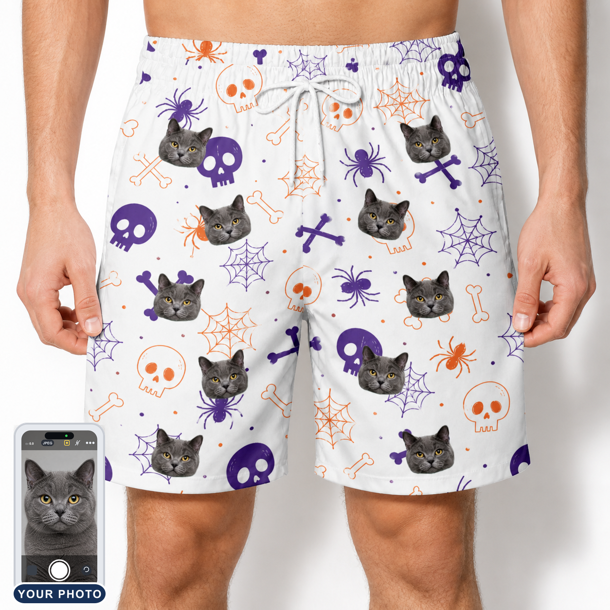 Men's Skull Shuffle Custom Cat Face Beach Shorts