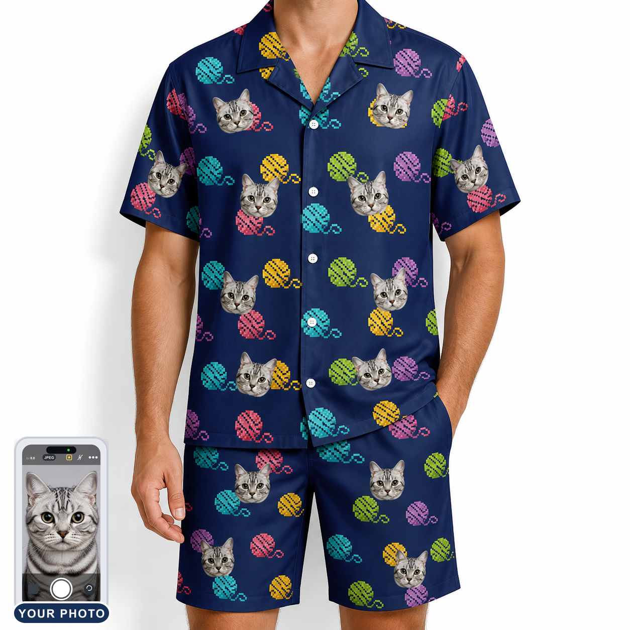 Men's Yarn Yowls Custom Cat Face Shirt & Shorts Set