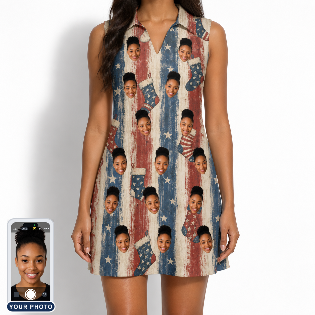 Women's Christmas Cuffs Custom Face V-Neck Dress